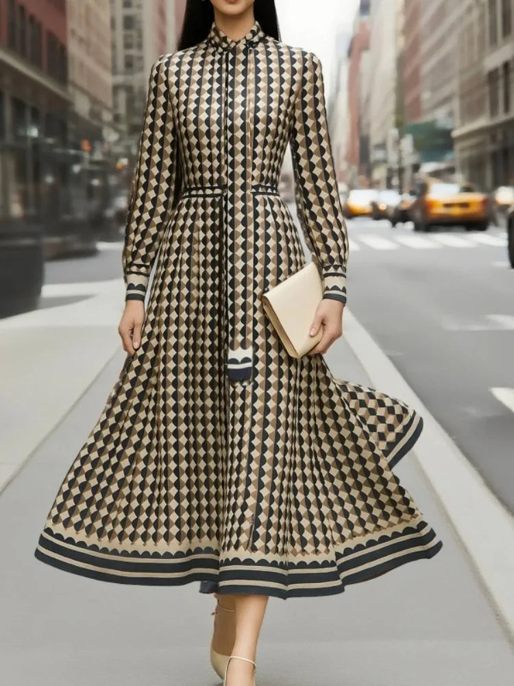 Beautyblue Women's Dress Long Sleeve Stand Collar Maxi Dresses Fashion Geometric Rhombus Loose Elegant High Waist Female Rube