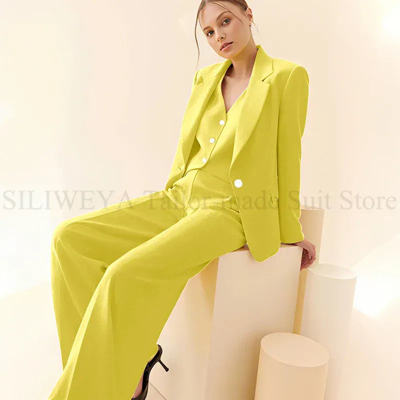 Classy New in Yellow Suits for Women 3 Pieces Jacket Vest Pants Female Clothing Slim Fit Office Banquet Lady's Blazers Sets