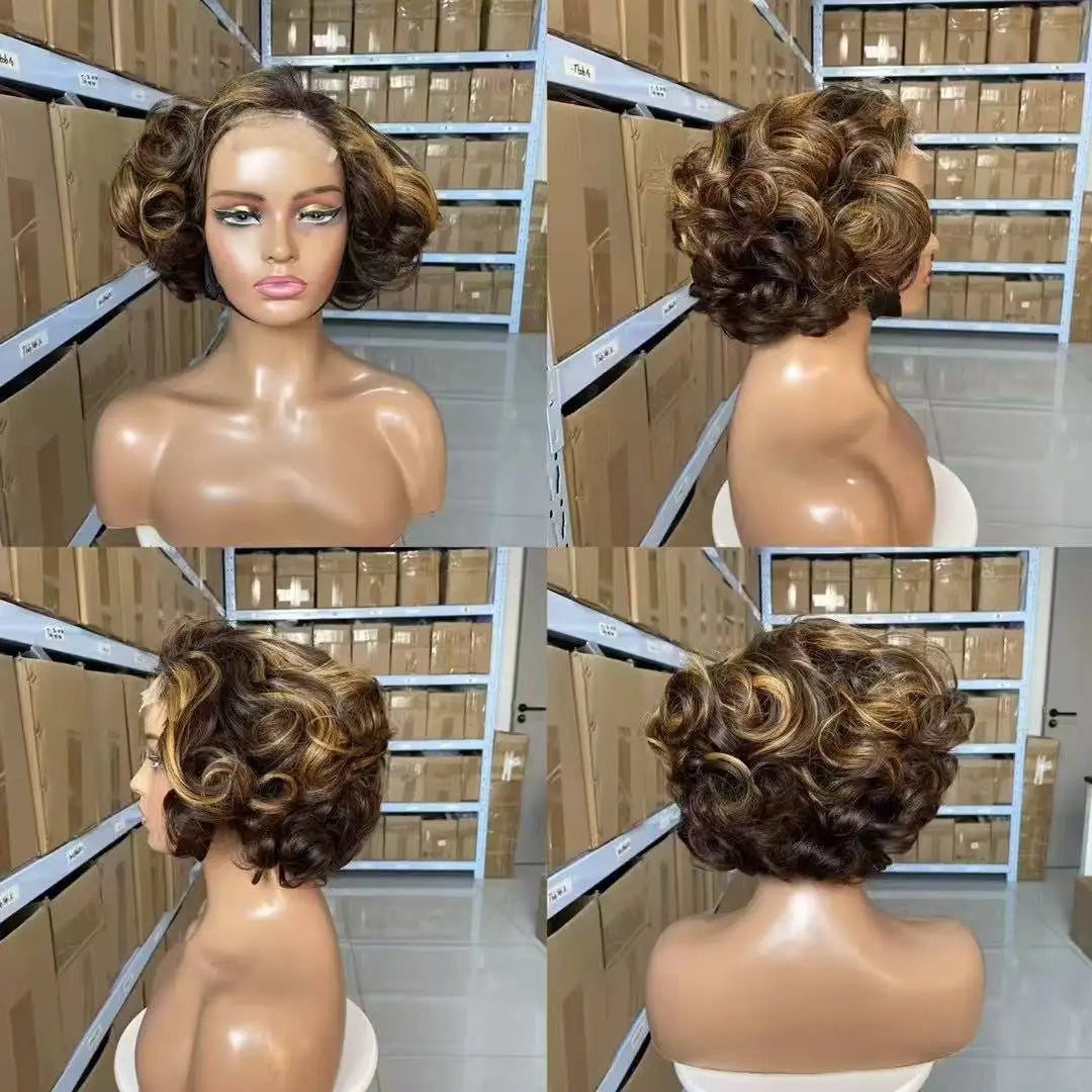 100% Raw Indian Virgin Hair Bouncy Wave 4x4 HD Lace Closure Wigs Wear and Go Ombre Chocolate brown #4 Bouncy Curly Glueless Wigs