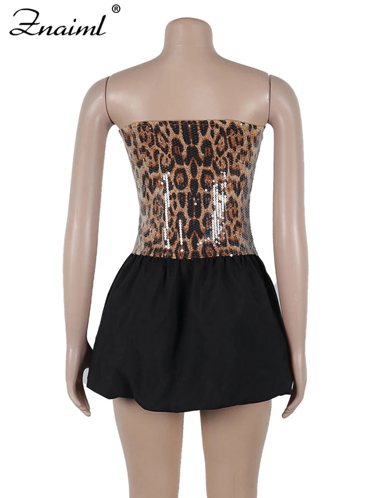 Znaiml Sexy Leopard Print Sequins Patchwork A-line Mini Dresses Woman Off Shoulder Tube Strapless Prom Night Club Short Dress