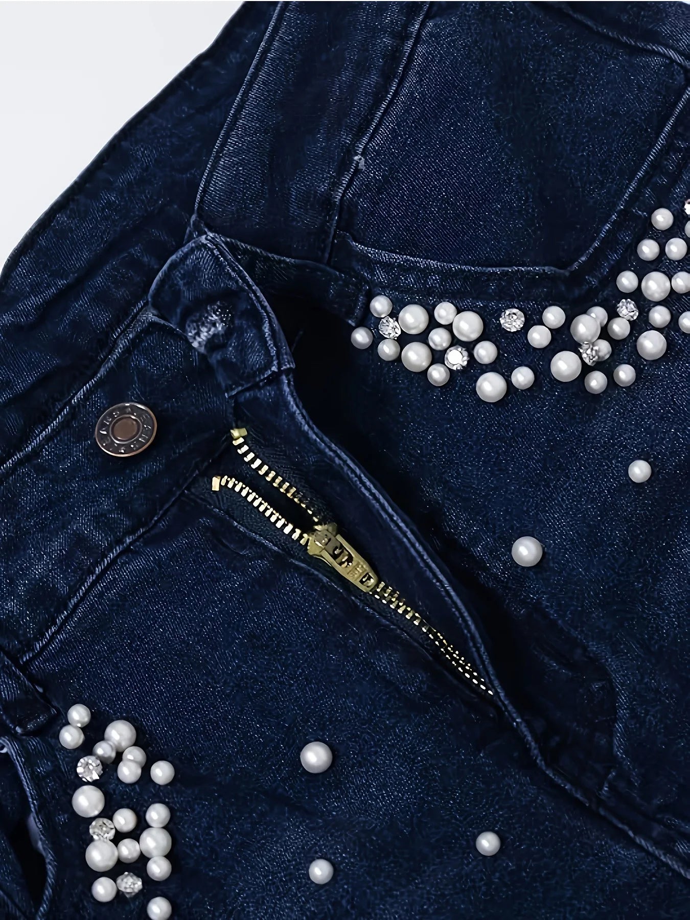 Mid-waist fashionable sequin and diamond embroidered with deep blue denim pencil pants, ladies' skinny jeans, suitable for all s