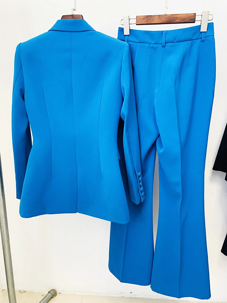 TOP QUALITY Newest 2024 Designer Runway Suit Set Women's Single Button Slim Fit Blazer Flare Pants Suit two-pieces