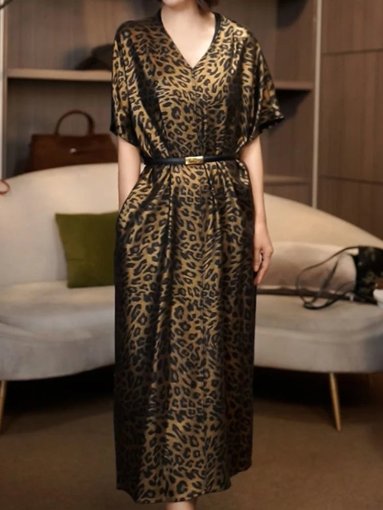 Lightweight Leopard Print V Neck Midi Dress For Women