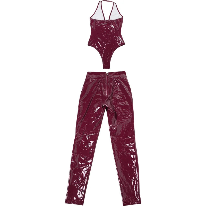 CM.YAYA Women Set PU Leather Halter V-neck Top + Pencil Pants Suits 2025 Fitness Streetwear Two 2 Piece Sets Outfits Tracksuit