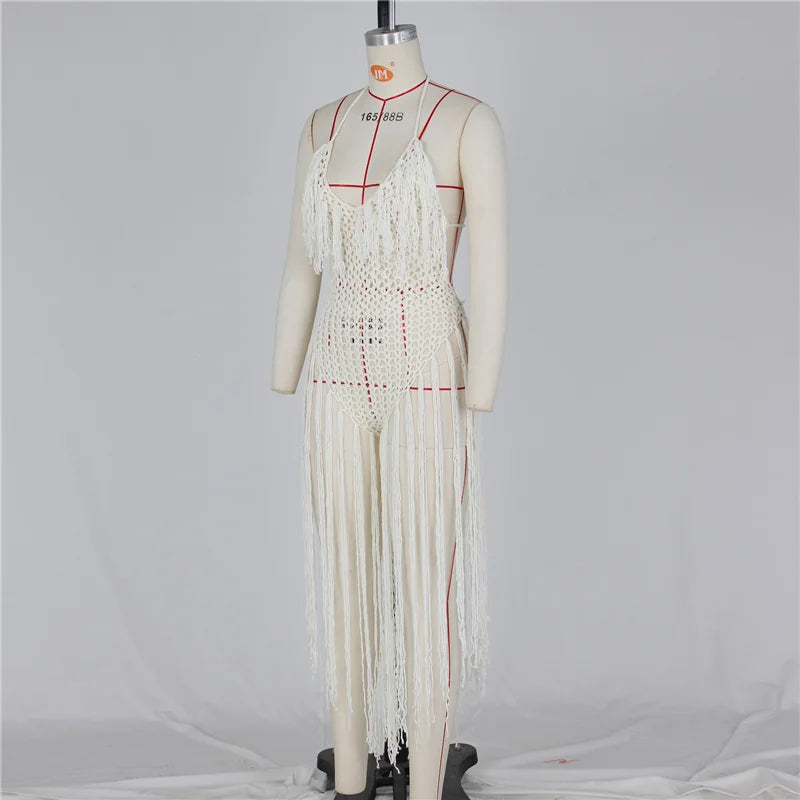Sexy Crochet Knitted Beach Summer Dress Women Halter V-neck Tassel Backless Maxi Dress Vacation Sheer Long Dresses Swimsuit 2022