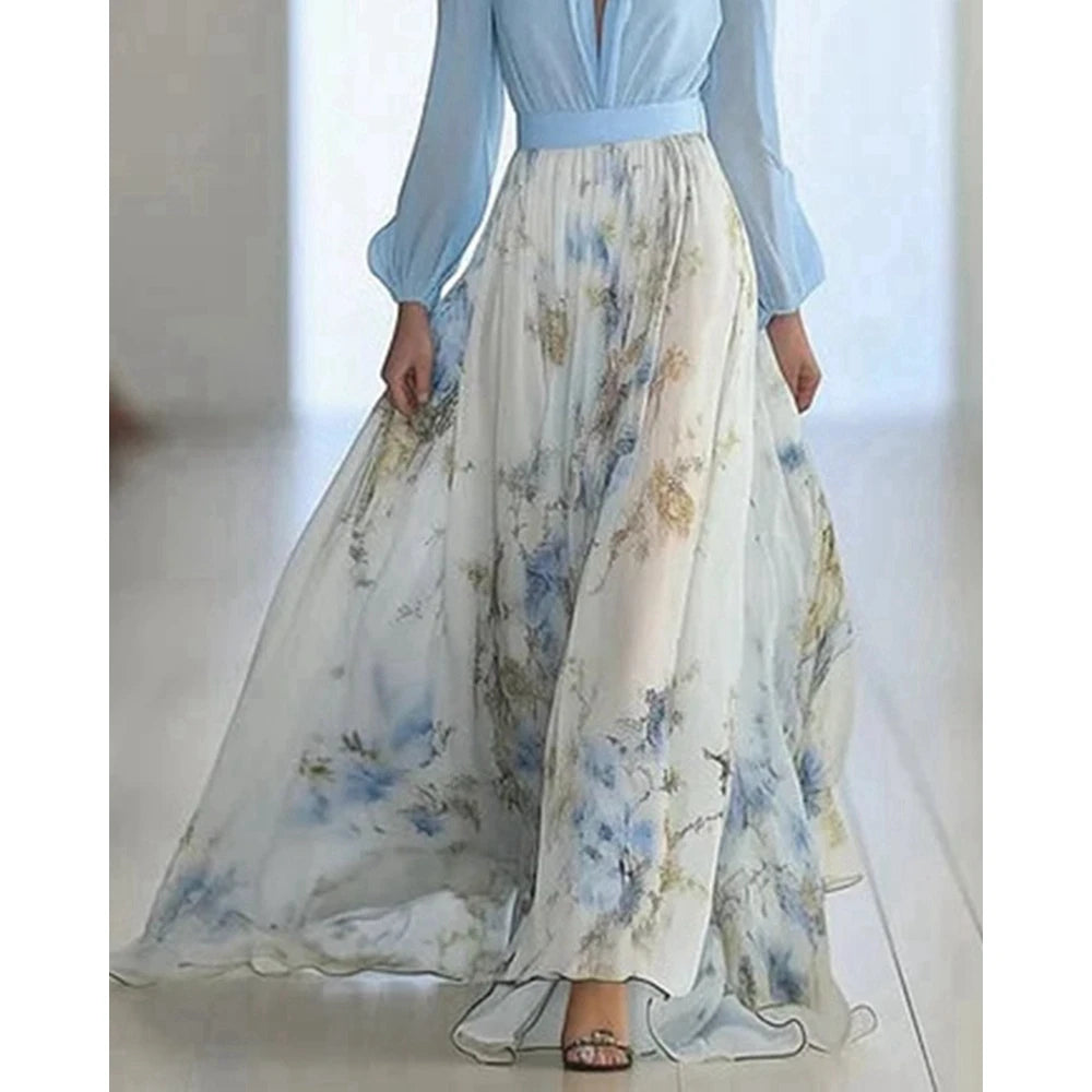 Floral Dress Print Long Sleeve Summer Women Dress Deep V Neck Slim Waist Maxi Dress for Party Evening Gown Vestidos Elegantes