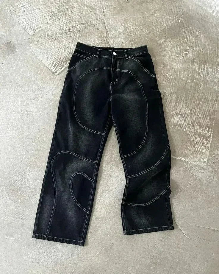 Gothic Men Women Vintage Leopard Jeans Y2K Clothes Hip Hop Letter Patchwork Embroidery Baggy Shorts Mid-rise Wide Leg Trousers