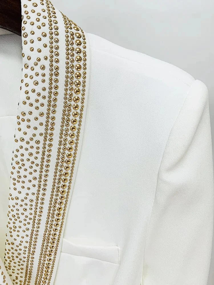 HIGH STREET Newest 2024 Stylish Designer Jacket Women's Metal Sheets Beading Belted Shawl Collar Blazer