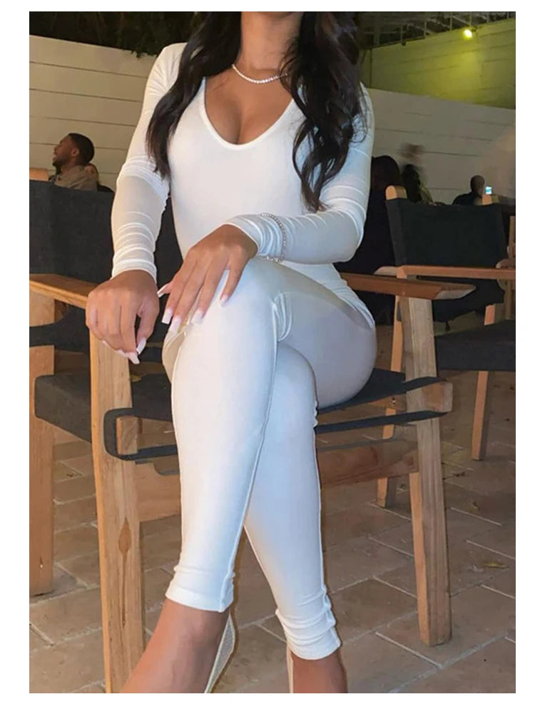 Spring Summer New Women's Long Sleeve Solid Color Skinny Jumpsuit Fashion Sports Fitness Pullover Casual Wear