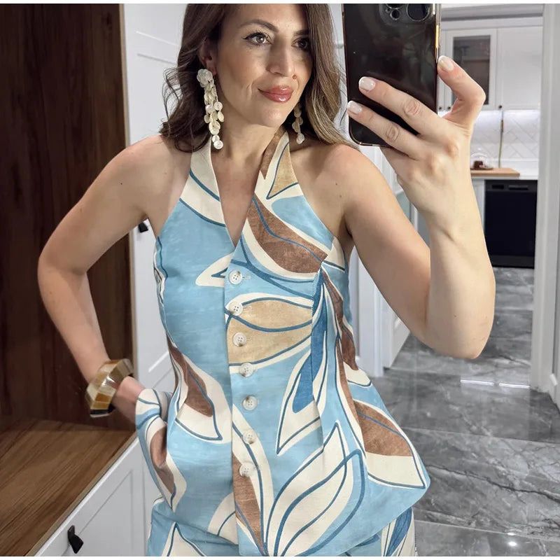 Halter Print Top Pants Set Women Backless Crop Tops Wide Leg Baggy Pants Two Pieces Set Chic Vacation Casual Women Outfit