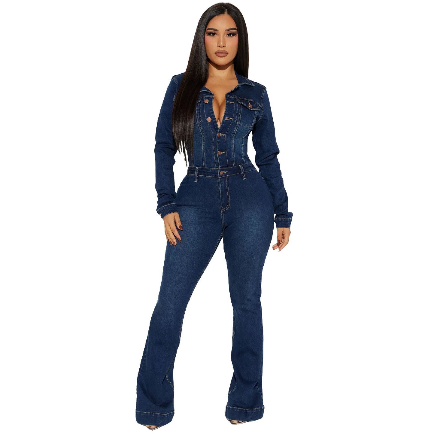 Women Fashion Solid Color Lapel Single-breasted Slim-fit Waist Long-sleeved Denim Jumpsuit Overall Pants