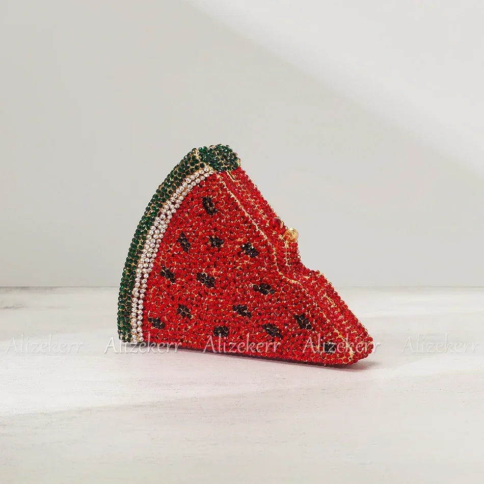 Alizekerr Pizza Shaped Diamond Evening Clutch Bags 2024 New Gorgeous Unique Metallic Watermelon Rhinestone Purses Wedding Party