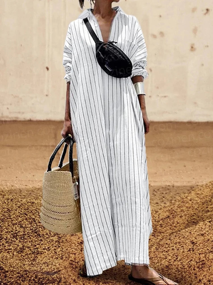 Women's summer New V-neck Fashionable Button Striped Round Neck Long Sleeved Simple Loose Long Sleeved Pullover Dress