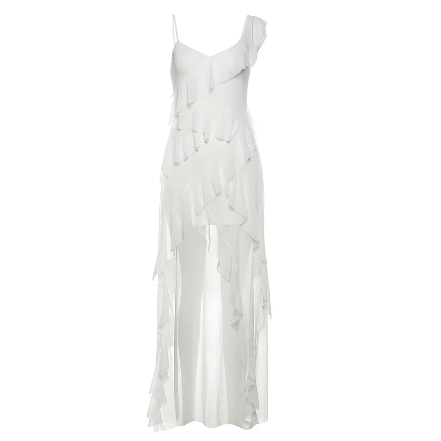 Sylcue White Sweet Gentle Mature Sexy Beautiful Summer Street Out Women'S Thin Perspective Tassel Design Long Sling Dress