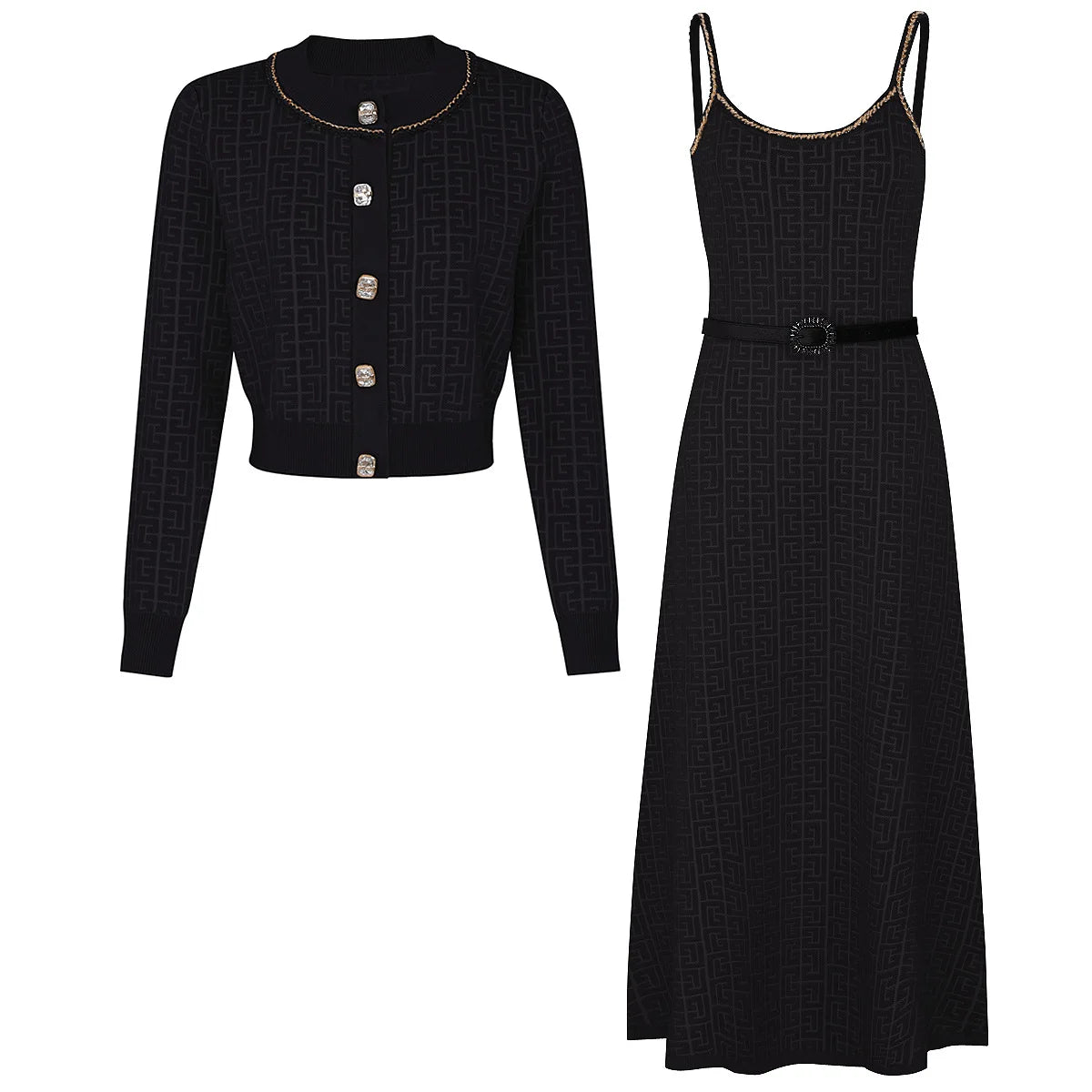 High-End Fashion Knitted Dress Set Autumn New Long Sleeve Single-Breasted Cardigan Coat Suspender Dress Women Two-Piece Set