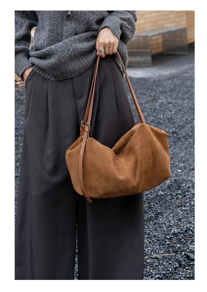 Women's Suede Genuine Leather Shoulder Bags Ladies Frosted Cowhide Crossbody Bag Female Design Luxury and Lazy Commuting Handbag