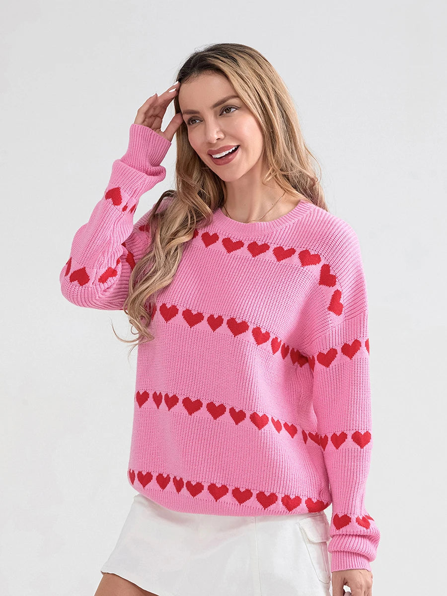 Women Valentine's Day Knit Sweater Heart Print Long Sleeve Round Neck Pullovers Fall Winter Casual Loose Knitted Jumpers Tops