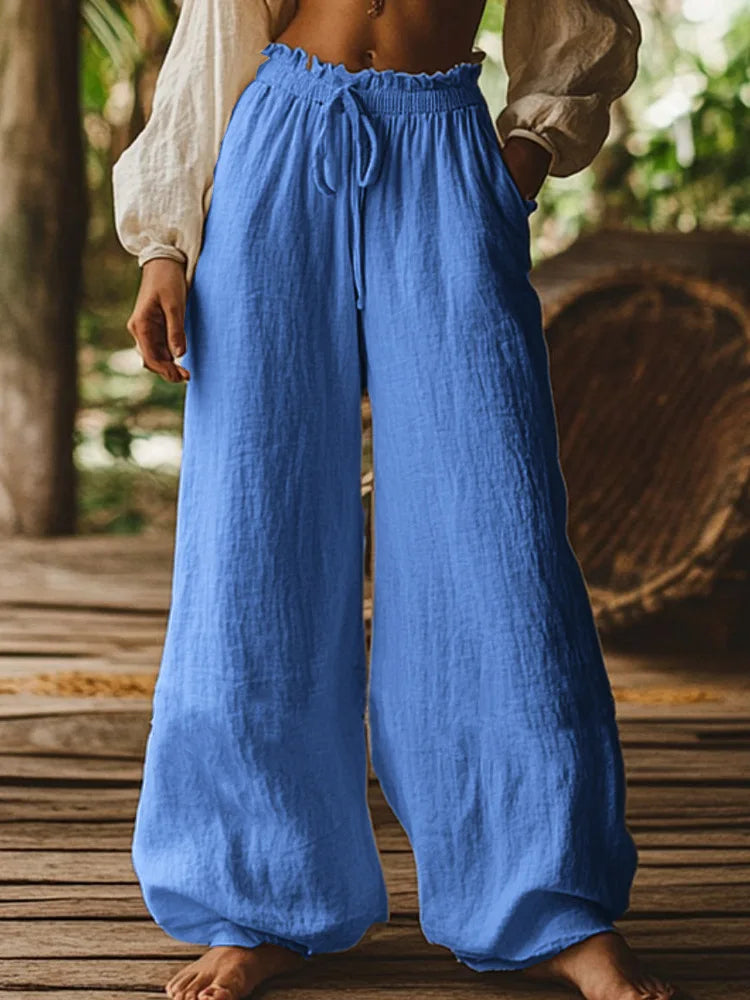 Women's Cotton and Linen Casual Loose Wide Leg Pants Autumn Retro Elastic Waist Drawstring Tied Pocket Pants Ethnic Vacation