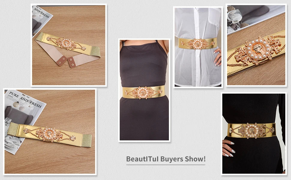 Elegant Pearl Accent Wide Elastic Waist Belt for Women