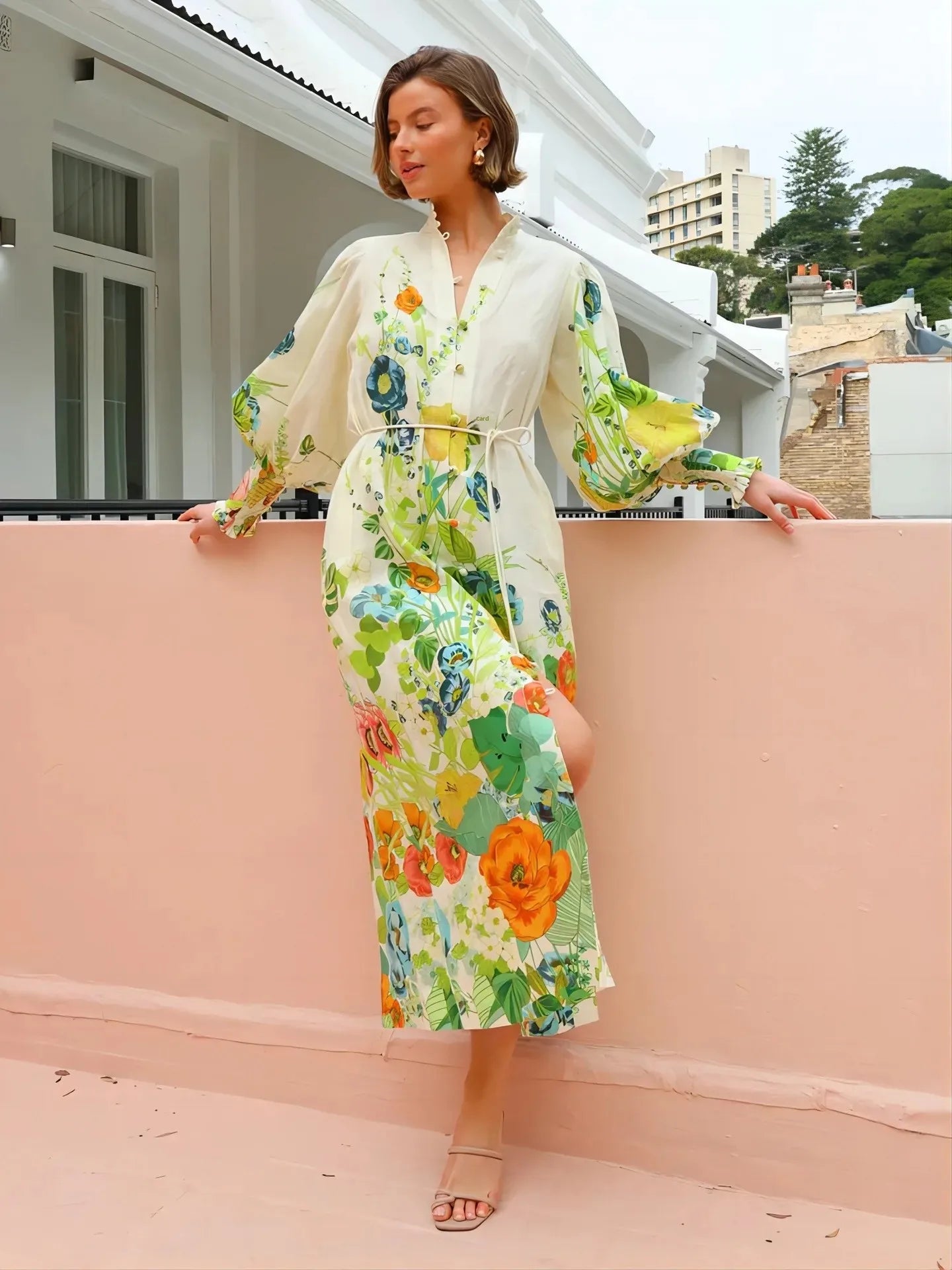 Waist-Cinching Long Lantern Sleeve Printed Dress with Belt Single Button Closure Independent Station Cross-Border Hot Sale Of Th