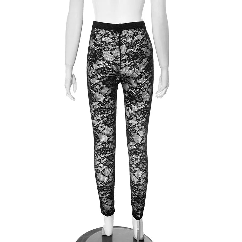 FAGADOER Sexy Mesh Leggings Pants Women Black See Through Hollow Out Skinny Lace Pants Female Party Club Streetwear 2025 New