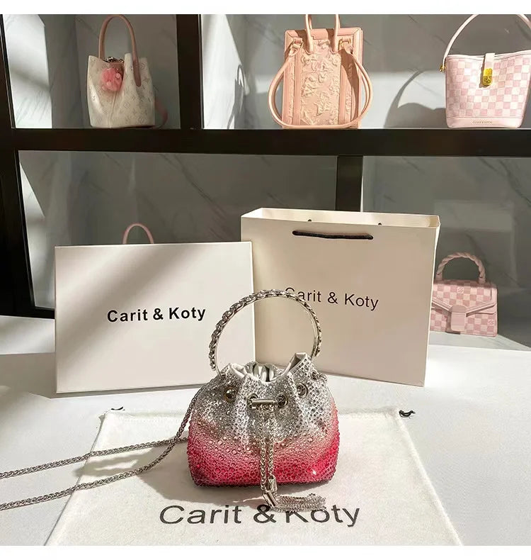 Crystal Shiny Diamonds Bucket Bag Fashion Women Handbag Metal Ring Handle Evening Bag Wedding Party Clutch Purse Crossbody Bag