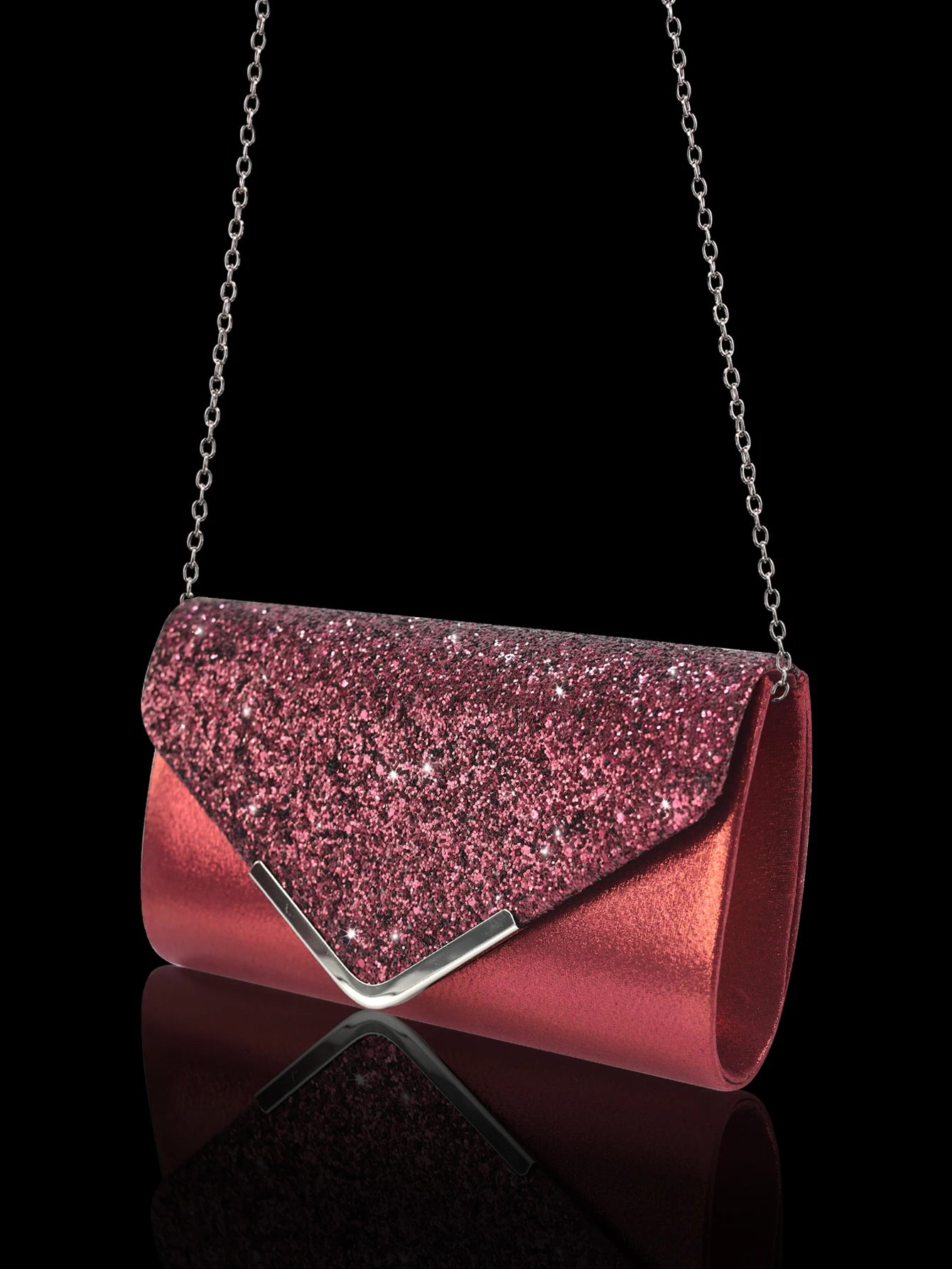 Sparkling and luxurious sequined evening clutch for women, paired with a gorgeous rhinestone necklace, earrings and bracelet set