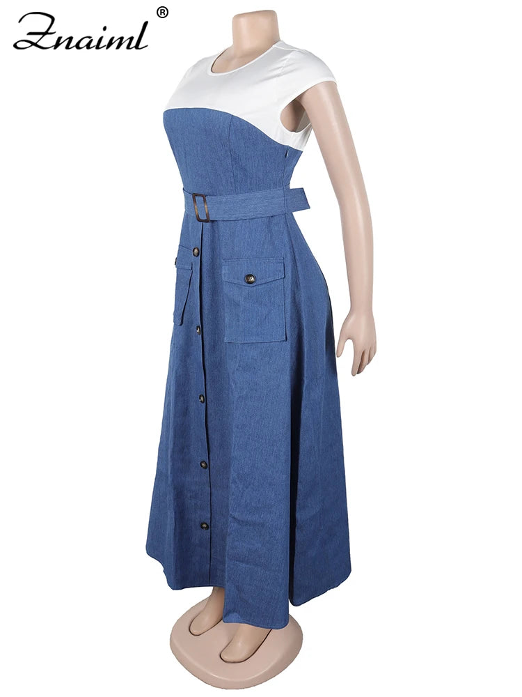 Znaiml Fashion Short Sleeve Pocket White Blue Denim Patchwork A-Line Dresses with Belt Woman Summer Elegant Bodycon Jean Dress