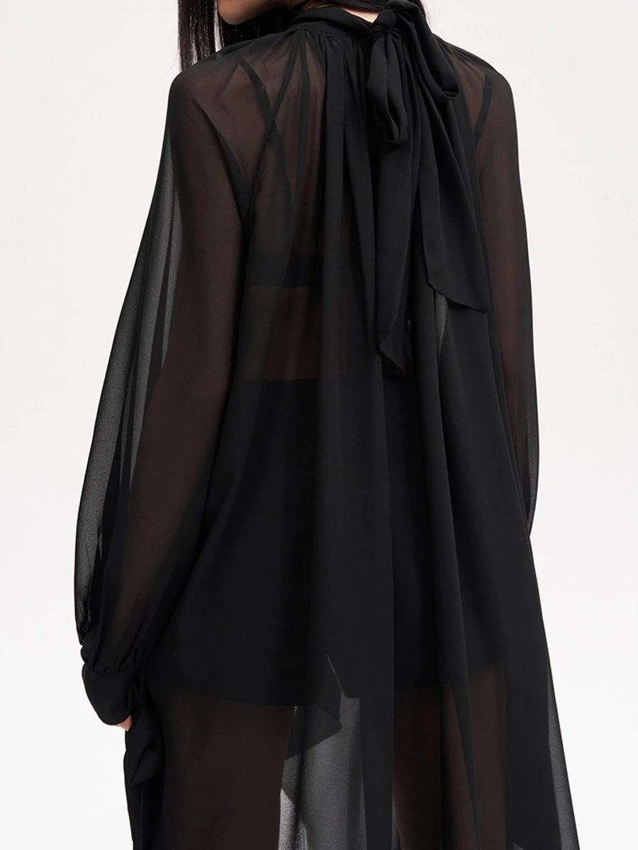 TWOTWINSTYLE Solid Loose Sheer Spliced Folds Fashion Blouses for Women High Neck Long Sleeves Irregular Blouse Female Clothing