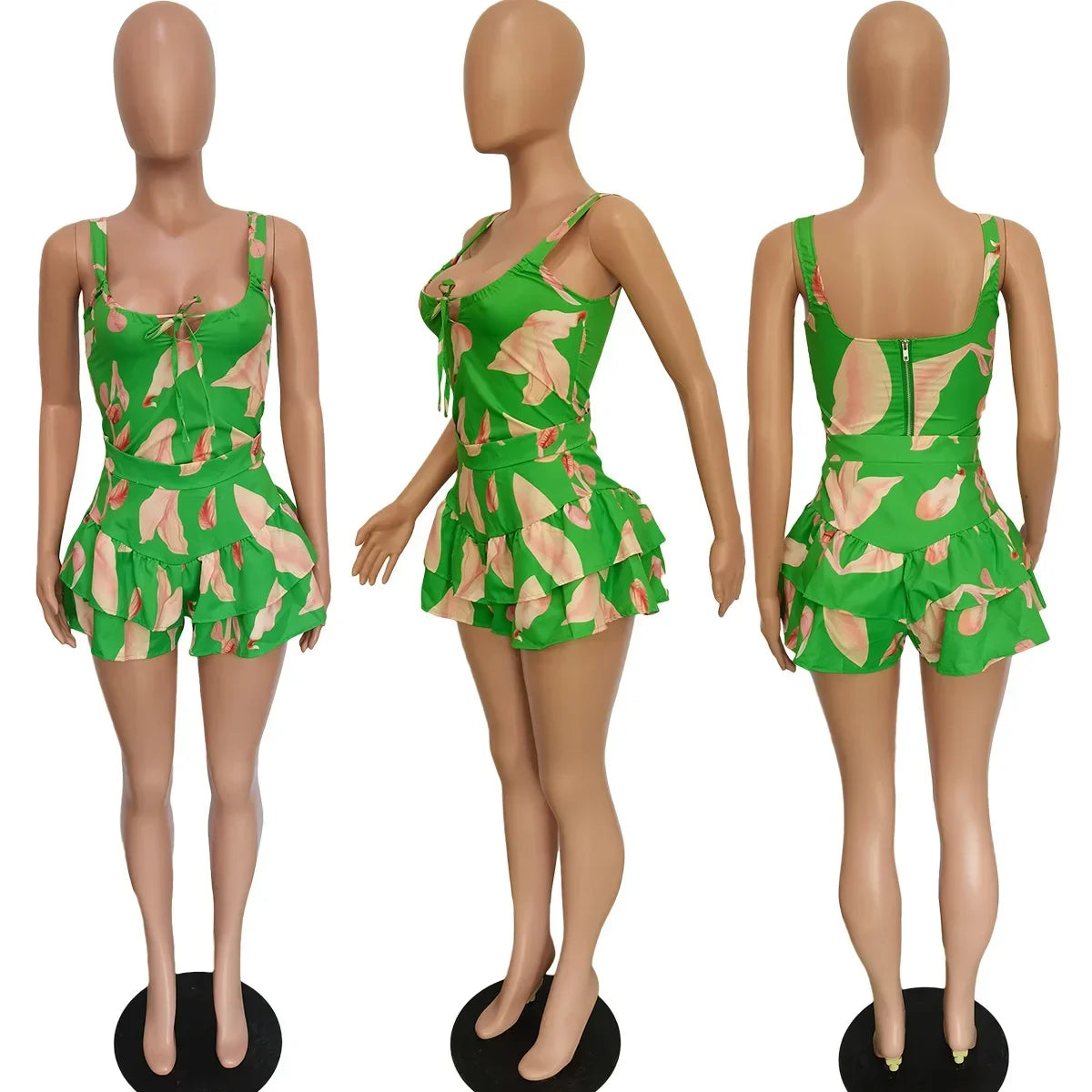 CM.YAYA Elegant Beach Printed Women's Set 2022 Summer Sleeveless Ruffles Hem Tank Crop Tops Shorts Matching Two 2 Piece Set