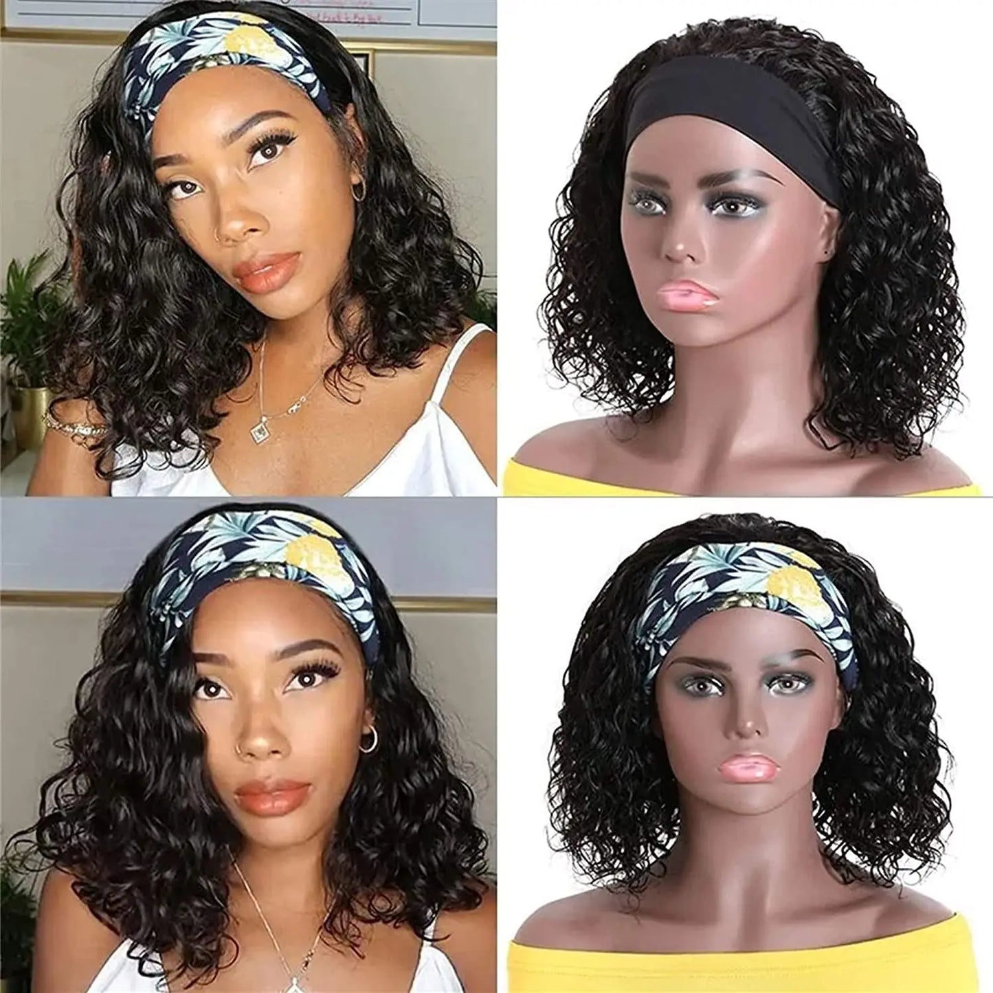 Short Curly Pixie Cut Headband Wig Water Wave Remy 100% Brazilian Human Hair Scarf Wigs For Women Machine Made Long Straight Wig