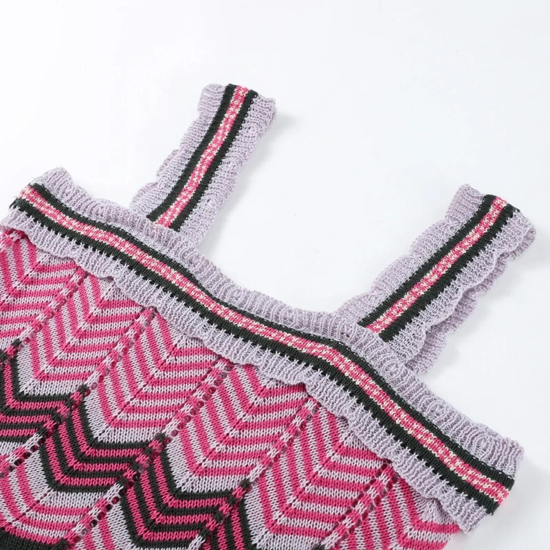 Patchwork Contrast Knitted Women' Dresses Square Collar Backless Sleeveless Bohemian Long Dress Female Summer Lady Beach Robes