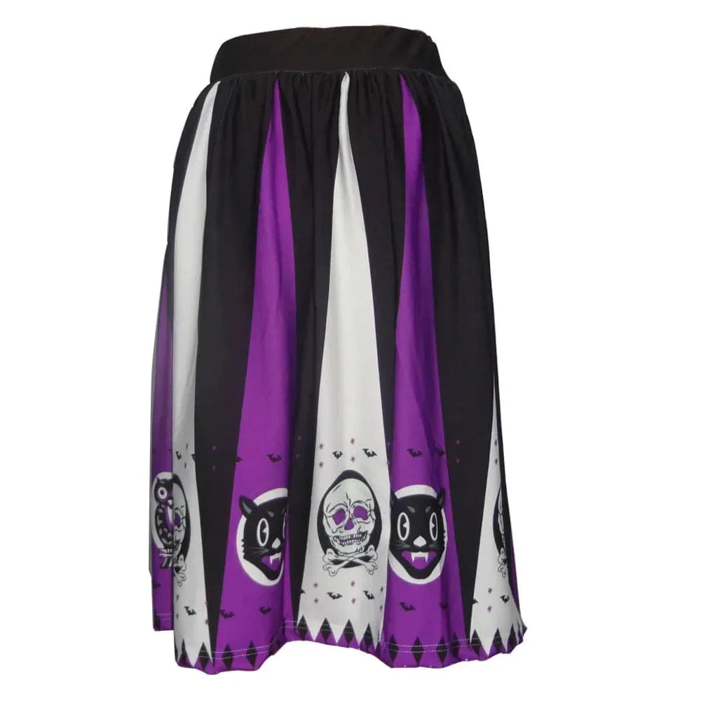 Women Vintage Halloween Skirt Retro Poker Face Skull Plus Size Skirt High Waist Pleated Ball Gown Long Skirts