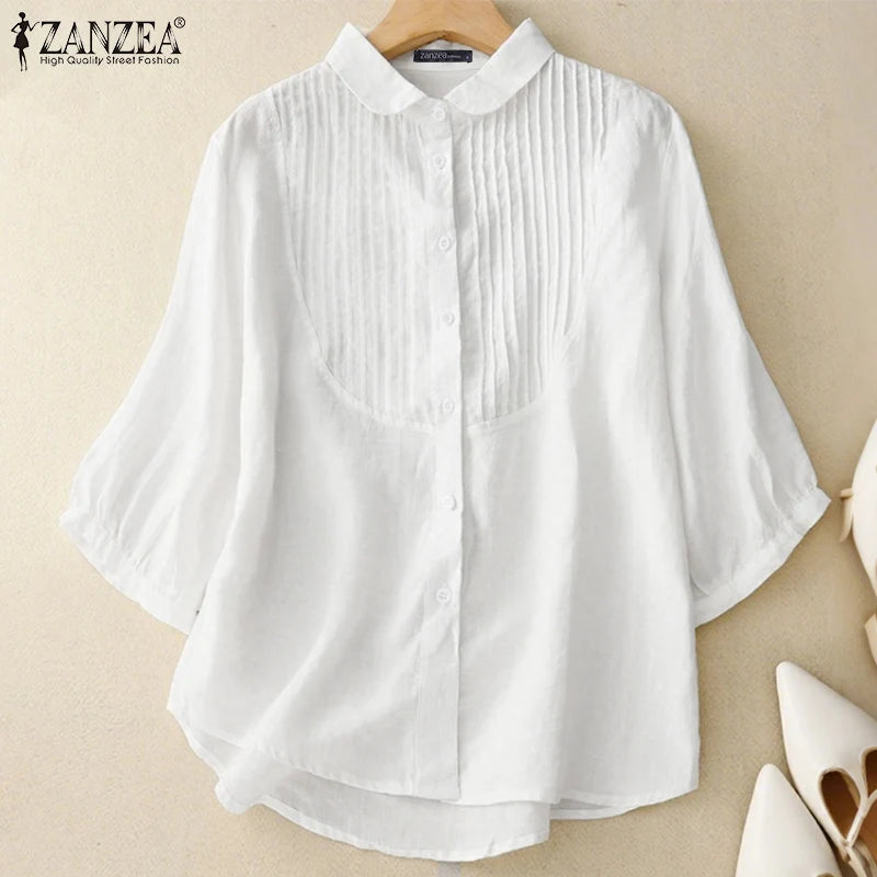 ZANZEA Women Vintage Pintuck Shirts Casual Turn-Down Collar Half Puff Sleeve Button Up Chemises Femme Street Fashion Solid Tops