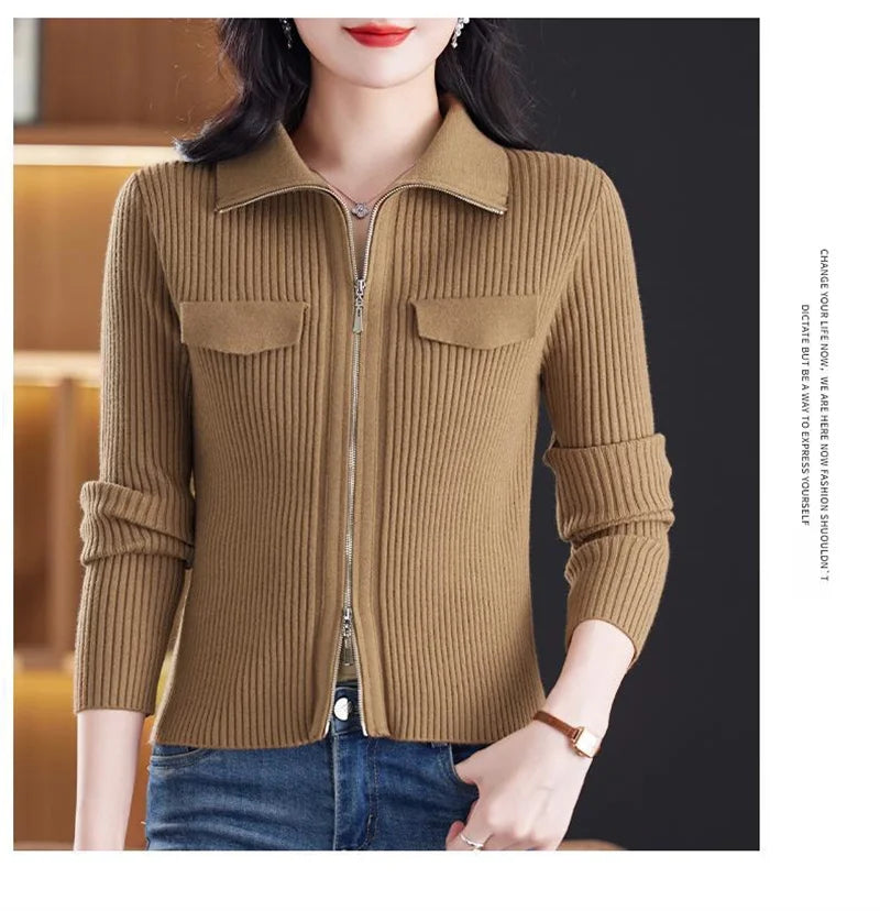 Fashion Zipper Short Knitted Cardigan Sweater 2025 Spring Autumn New Korean Versatile Coat Top Turn-Down Col Sweater Solid Color