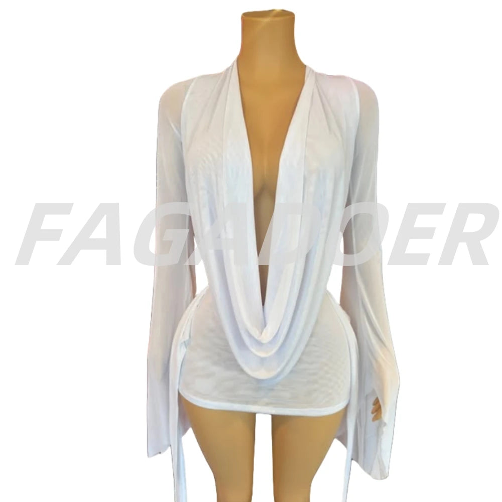 FAGADOER Sexy Mesh See Through Mini Bodycon Dress Women Long Sleeves Deep V-neck Irregular Dresses Female Streetwear Vestidos