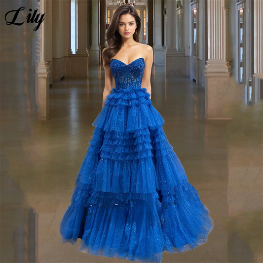 Lily Glamorous Blue Party Dress Sweetheart Tiered Tulle Evening Dresses with Sparkling Sequins and Ruffled Prom Gown Customized