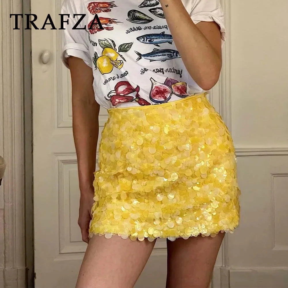 TRAFZA 2025 Spring Summer Sexy Butter Yellow Women Skirts Fashion Streetwear Beading Solid Straight Chic Ladies Mini Skirts