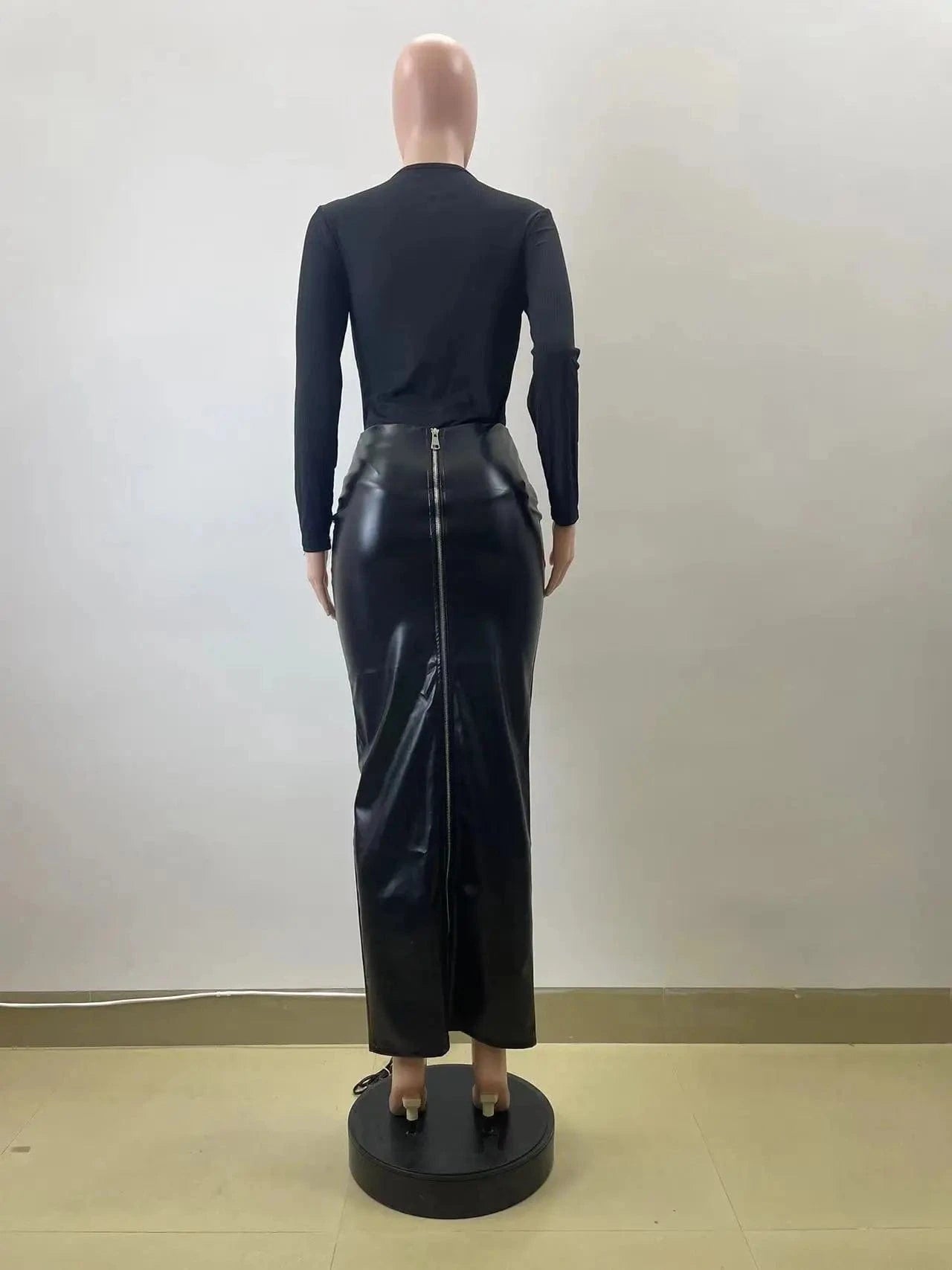 Black PU Leather Long Skirt Sexy Women High Waist Elegant High Street Faux Leather Casual Skirt