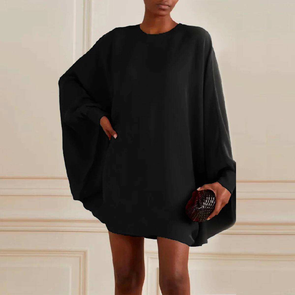 UOOZEE Women Fashion Simple Solid Color Round-Neck Mini Dresses 2025 New Spring Summer Batwing Sleeves Casual Short Dress