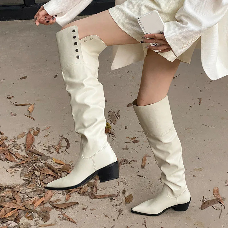 Modern Ladies Knee High Boots With Heels Shoes Female Slip On Footwear Fashion Pointed Toe Women Long Boots Pumps Shoes lady
