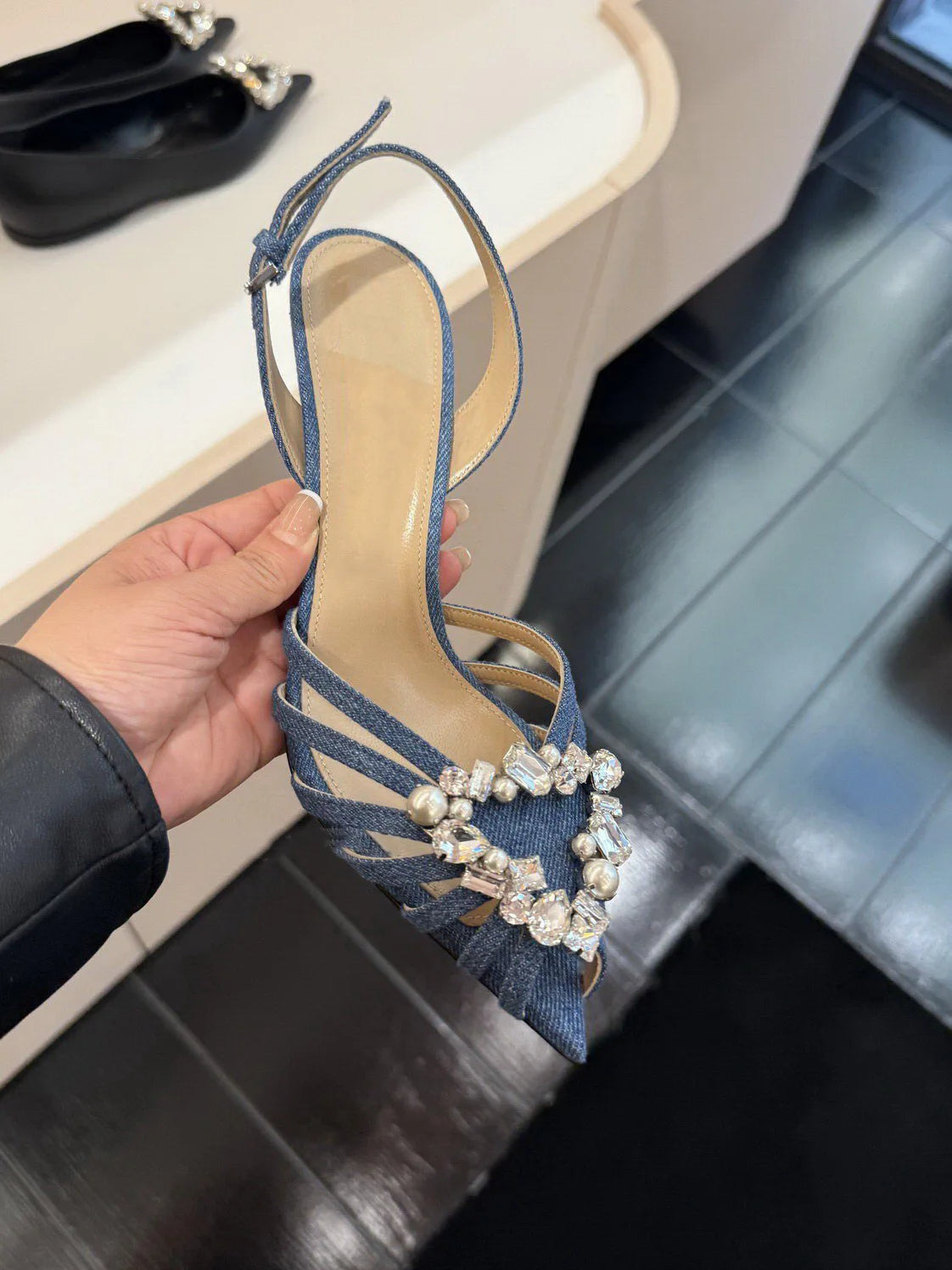 Crystal Heart Buckled Caged Leather Low Heel Pointed Toe Sandals For Women
