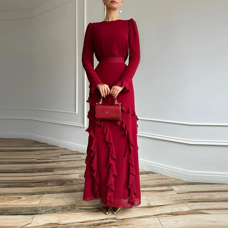 2025 Spring Fall Solid 2pc Set Elegant Slim Design Suit Banquets Fashion Women's O Neck Long Sleeved Top + Ruffled Skirt Outfit