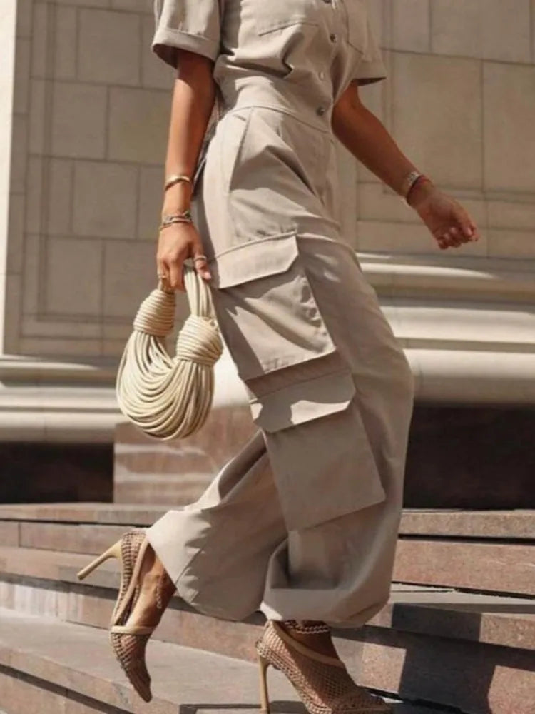 Beautyblue Women Cargo Jumpsuits Summer Business Casual Outfits Buttoned Pockets Lapel Loose Elegant Khaki Cargo Romper Female