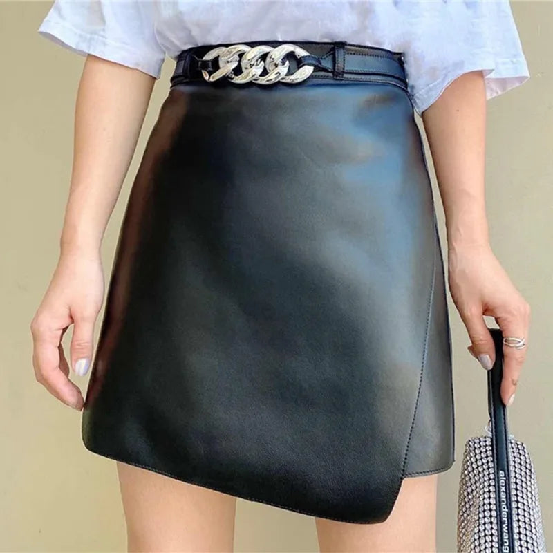 Woman skirts A Line 2025 korean style High Waist genuine Leather Women's Mini Skirt Bodycon A-Line Black Sexy Female Short Skirt