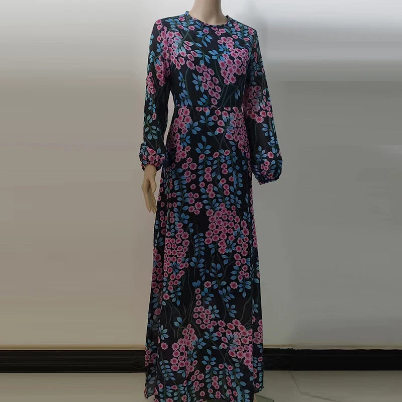 Sexy Backless Bohemian Evening Dress Spring Mesh Long Sleeve Party Dresses Vintage Chic Women O Neck Floral Print Dress Vestidos