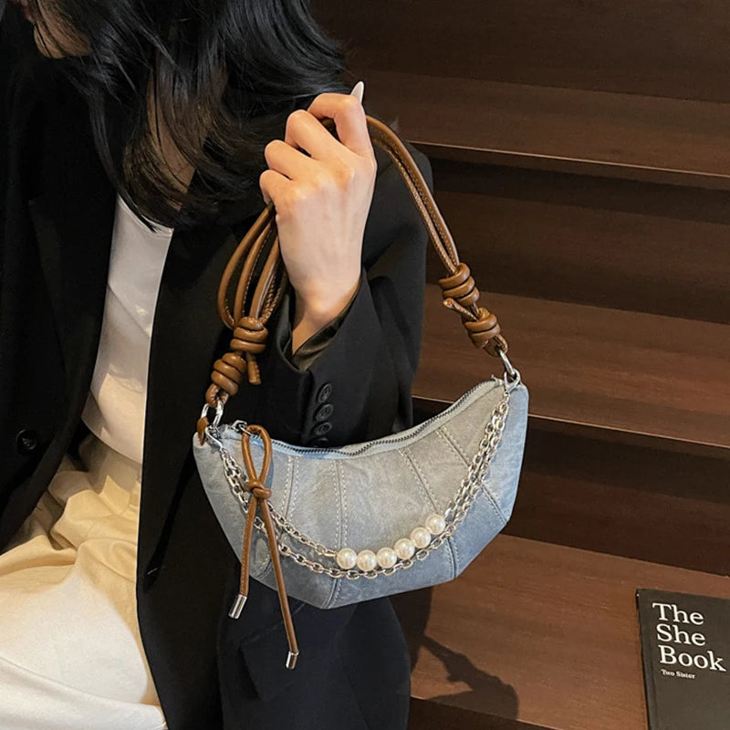 Retro Denim Dumpling Bag Creative Horn Design Pearl Pendant Messenger Bag Brand High-grade Leather Ladies Versatile Shoulder Bag