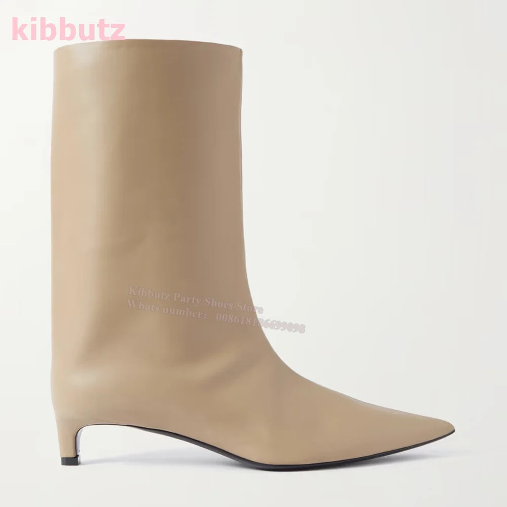 Novelty Leather Mid Calf Boots Chelsea Pointed Toe Kitten Heel Wide Mouth Sleeve Slip-On Solid Color Fashion Sexy Elegant Women