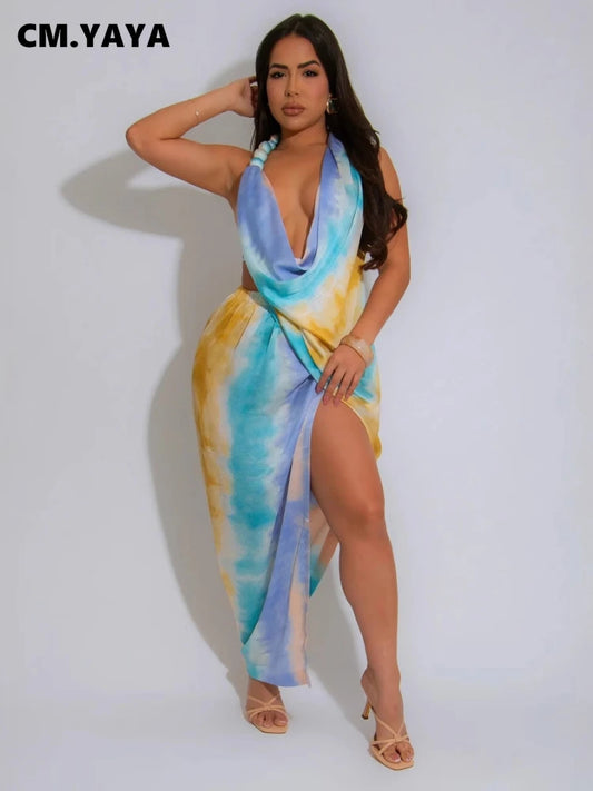 CM.YAYA Women Tie Dye Printed Sleeveless Halter Neck High Side Split Maxi Dress Summer Evening Sexy Night Party Dresses Vestidos