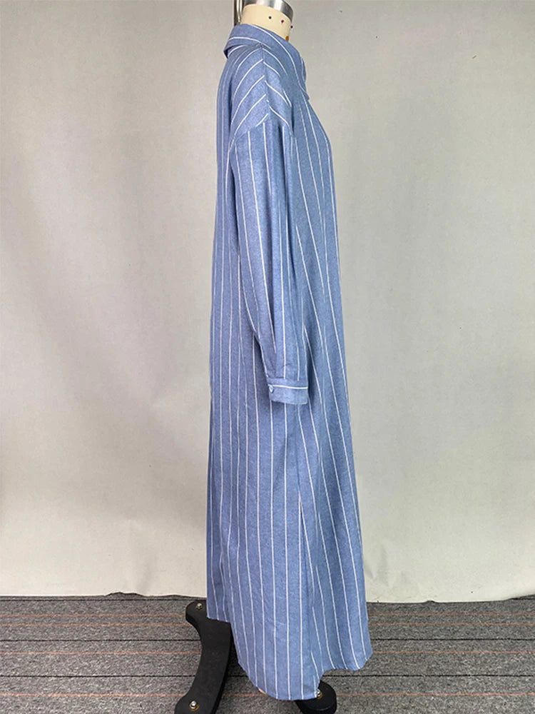 Women's summer New V-neck Fashionable Button Striped Round Neck Long Sleeved Simple Loose Long Sleeved Pullover Dress